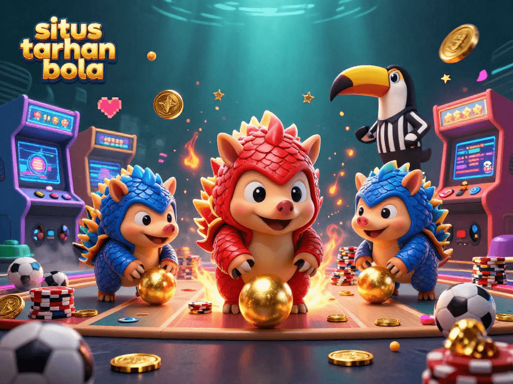 Engage in situs taruhan bola action with rival pangolins, vibrant sports betting scene, dynamic game elements.