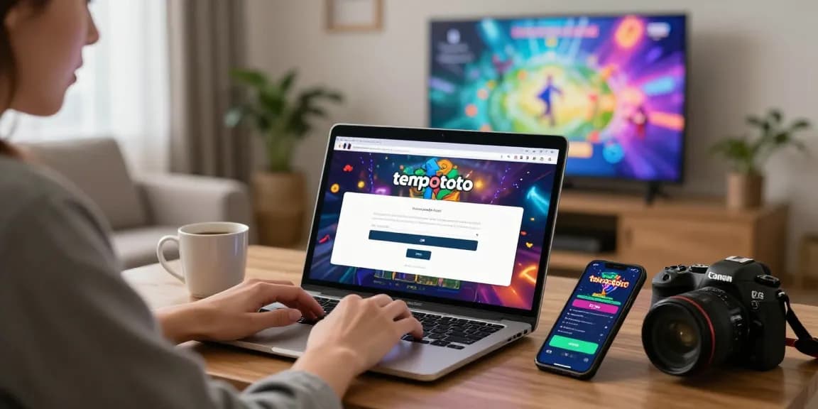 User accessing tempototo login on a laptop in a cozy living room, engaging with vibrant game notifications and a warm atmosphere.