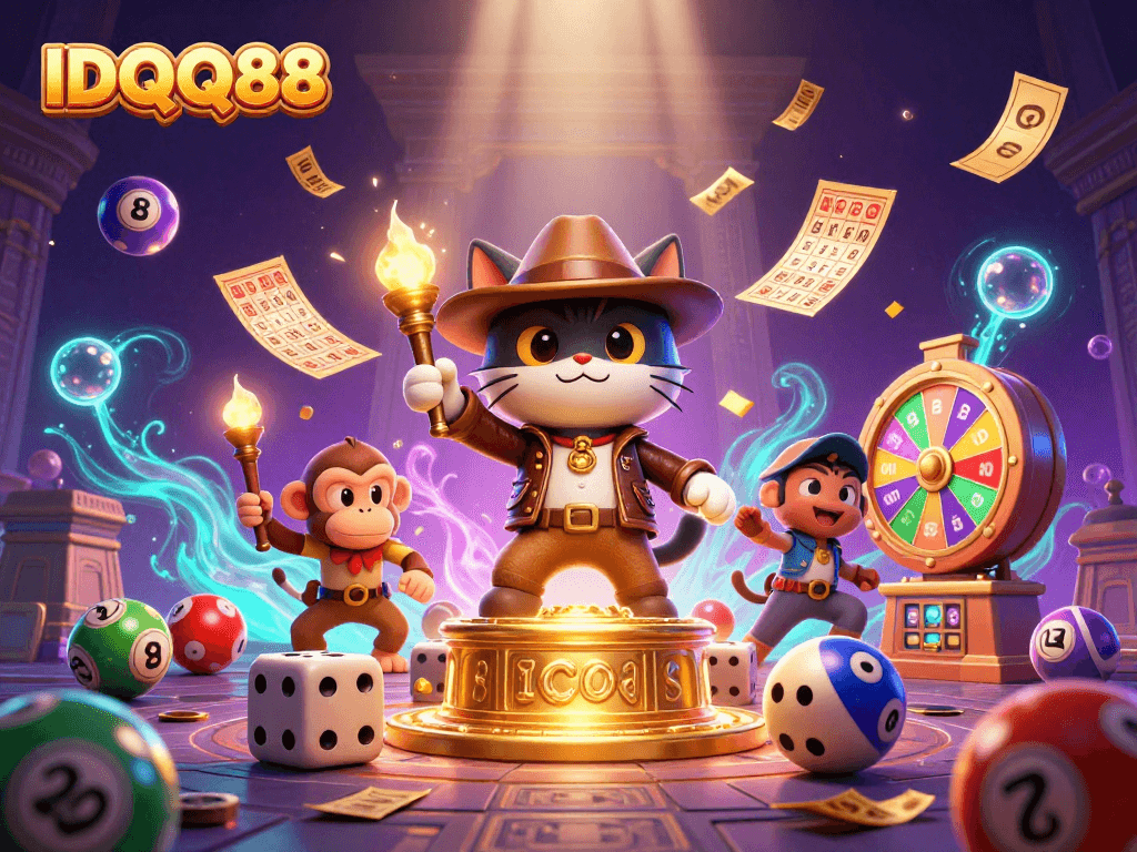 Uncover golden treasures at IDQQ88 with a playful cat explorer and a lively monkey in a vibrant casino atmosphere.