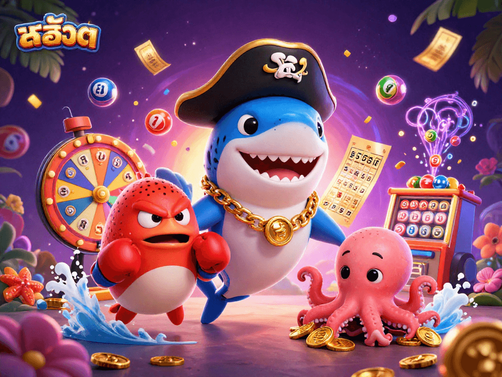 Experience สล็อต excitement with a pirate shark, pufferfish, and octopus in a vibrant casino scene.