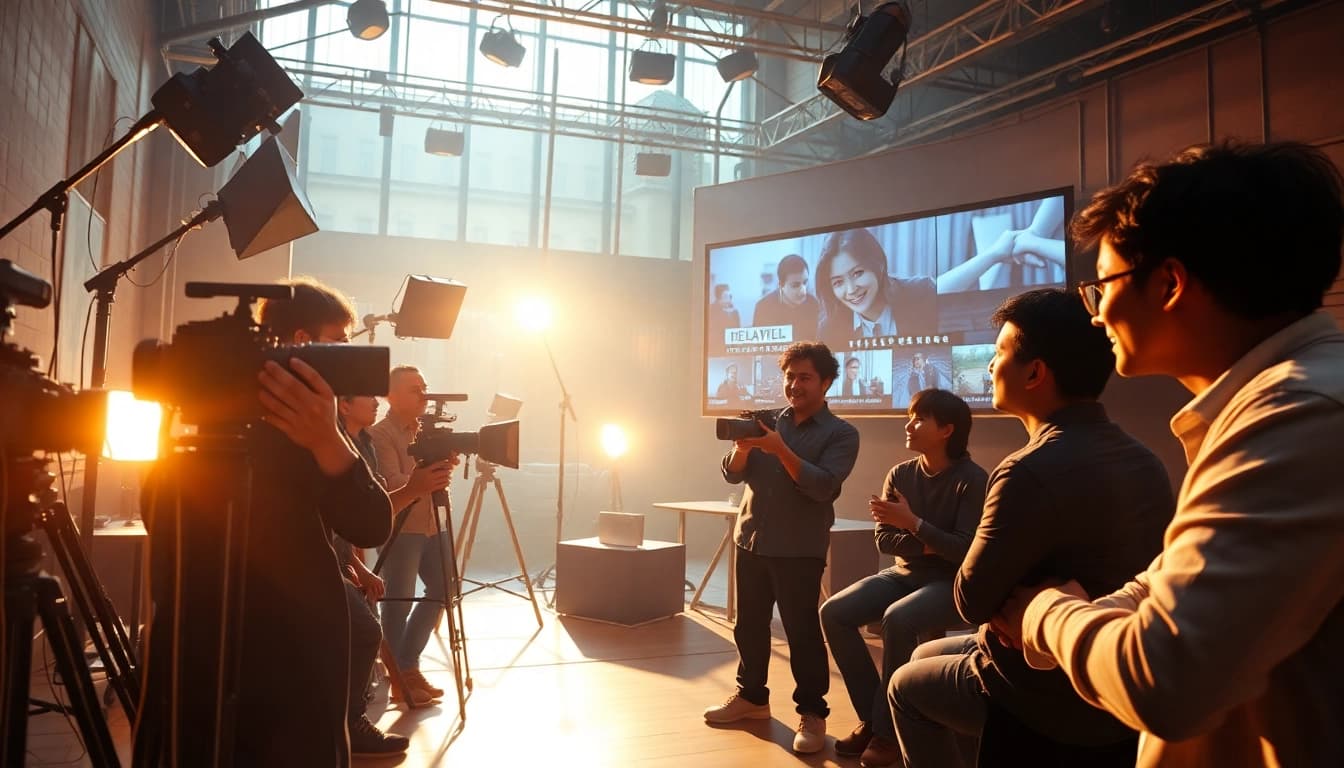 Menggambarkan para pembuat film yang berdiskusi tentang film semi jepang di lokasi syuting.