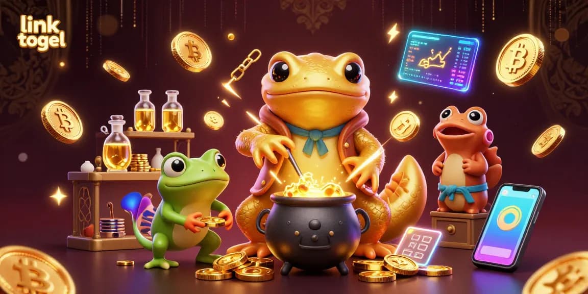 Experience the thrill of link togel in this vibrant 3D jackpot scene with alchemist characters and crypto elements.