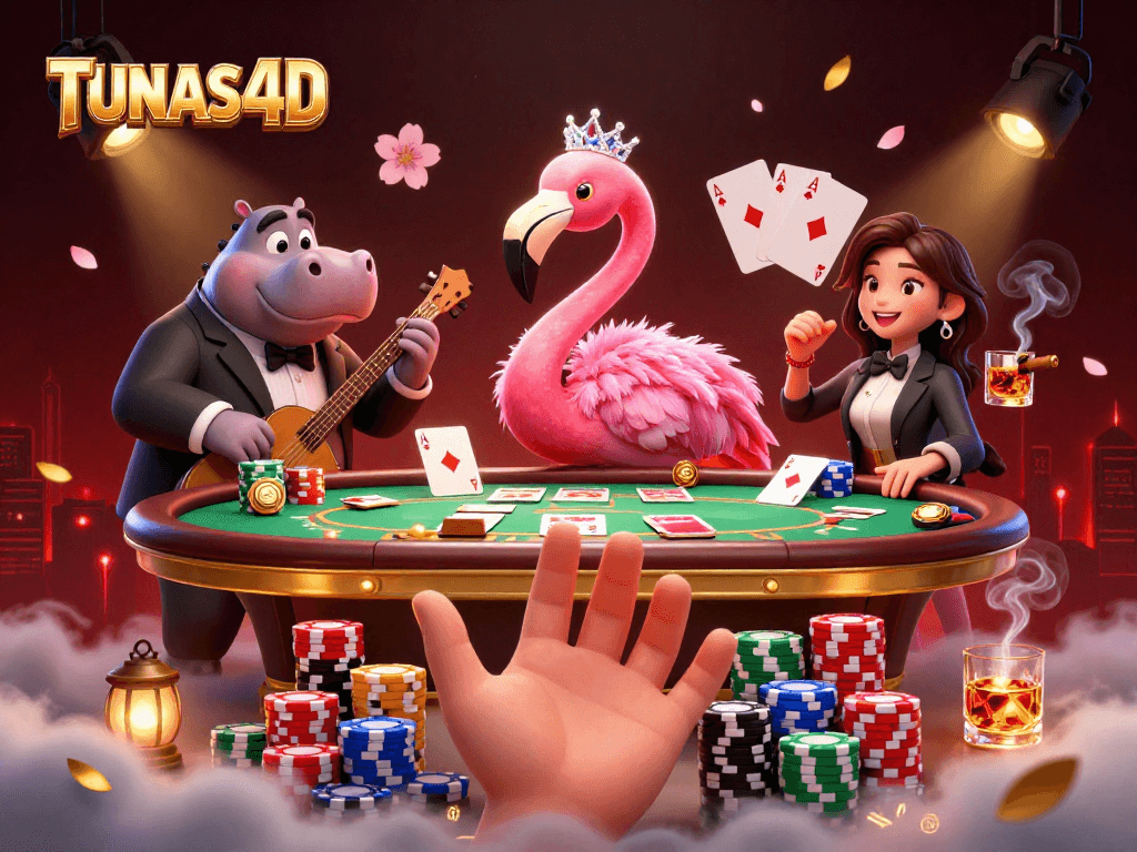 TUNAS4D features a vibrant casino scene with a flamingo singer, hippo bassist, poker elements, and a dynamic atmosphere.
