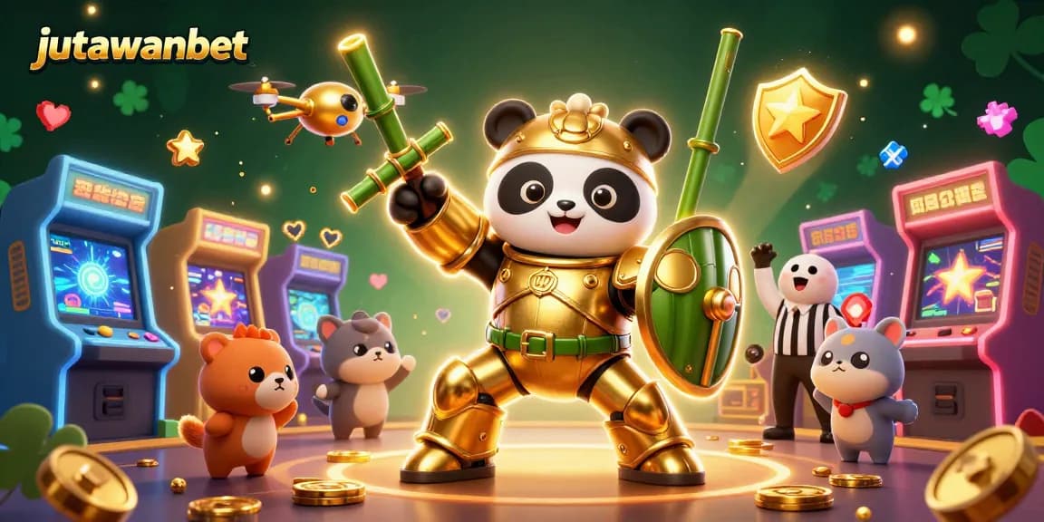 Experience the thrill of jutawanbet with dynamic 3D casino action featuring a mech-suit panda in a lively arena.