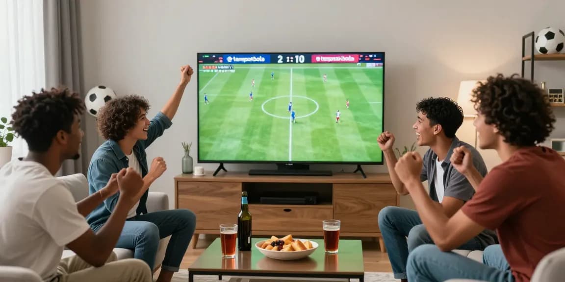Group of friends celebrating victory in tempototo bola sports betting.