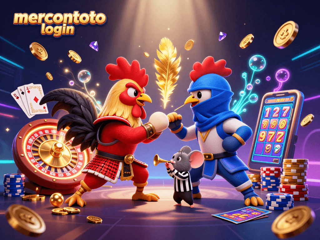 Login Mercontoto, menampilkan duel spektakuler dua ayam bertarung dalam arena judi dengan elemen slot dan koin emas.