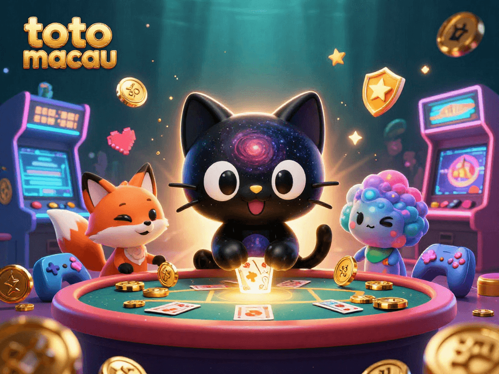Menggunakan toto macau, kucing hitam lubang hitam dan rubah nebula bermain di meja kasino dengan elemen permainan berkilau.