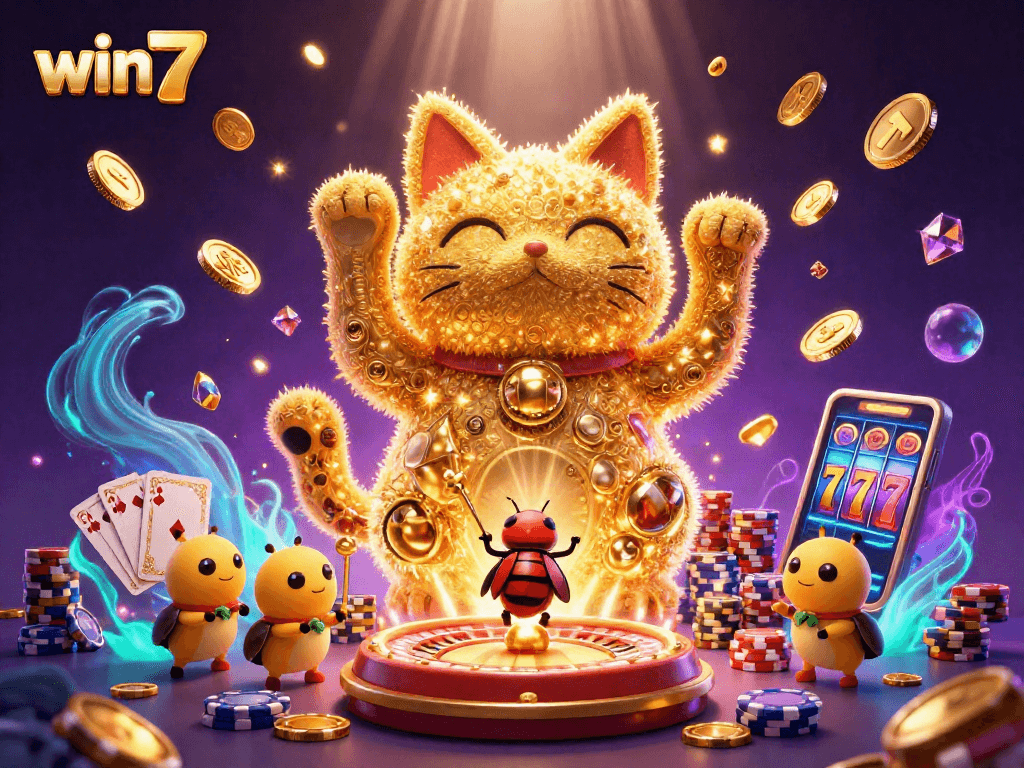Menangkan permainan di win77 dengan kucing keberuntungan dan simbol kasino yang bersinar.