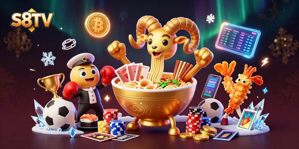 S8TV showcases a dynamic gambling scene with a giant golden ramen bowl and lively characters in action.