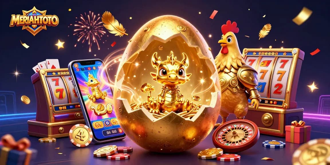 MERIAHTOTO menghadirkan ilustrasi kasino 3D menarik dengan naga emas dan chip poker.