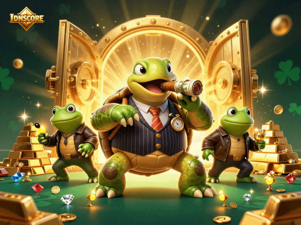 Engage with IDNSCORE through this vibrant 3D casino scene with animated characters and abundant bounty.