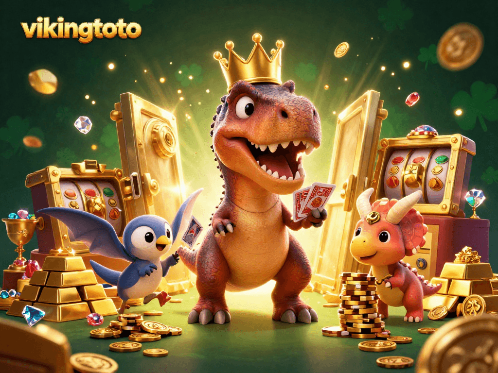 Permainan judi menyenangkan di vikingtoto dengan T-Rex kartun dan elemen kasino bersinar.