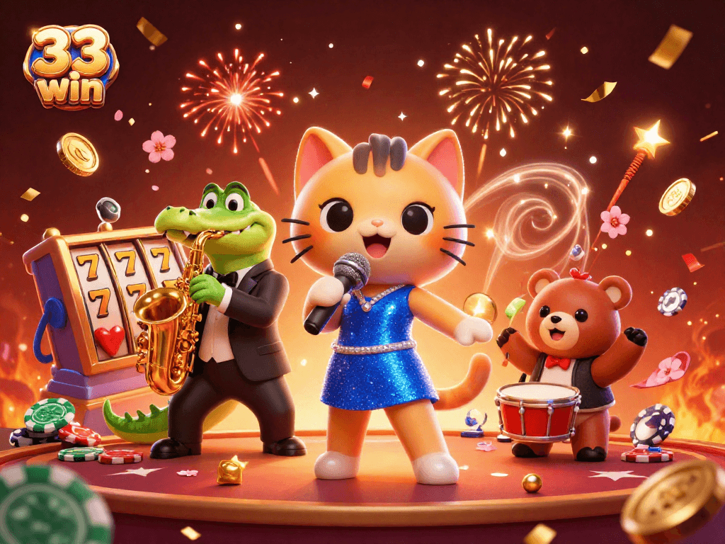 Engaging illustration capturing 33 win's casino vibe with lively characters and game elements around them.