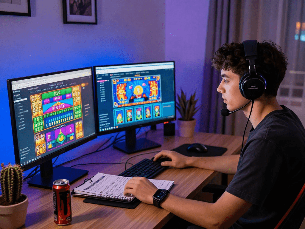 Penggemar togel online sedang bermain di kantor rumah modern dengan monitor berwarna-warni.
