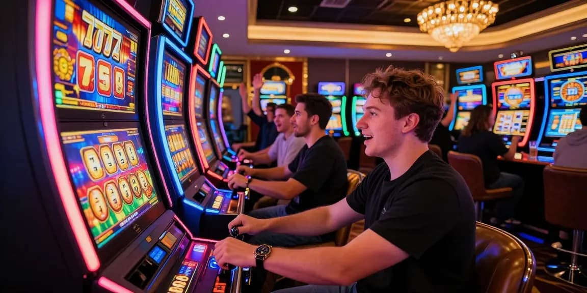Player enjoying a thrilling slot777 machine experience amidst vibrant casino lights.