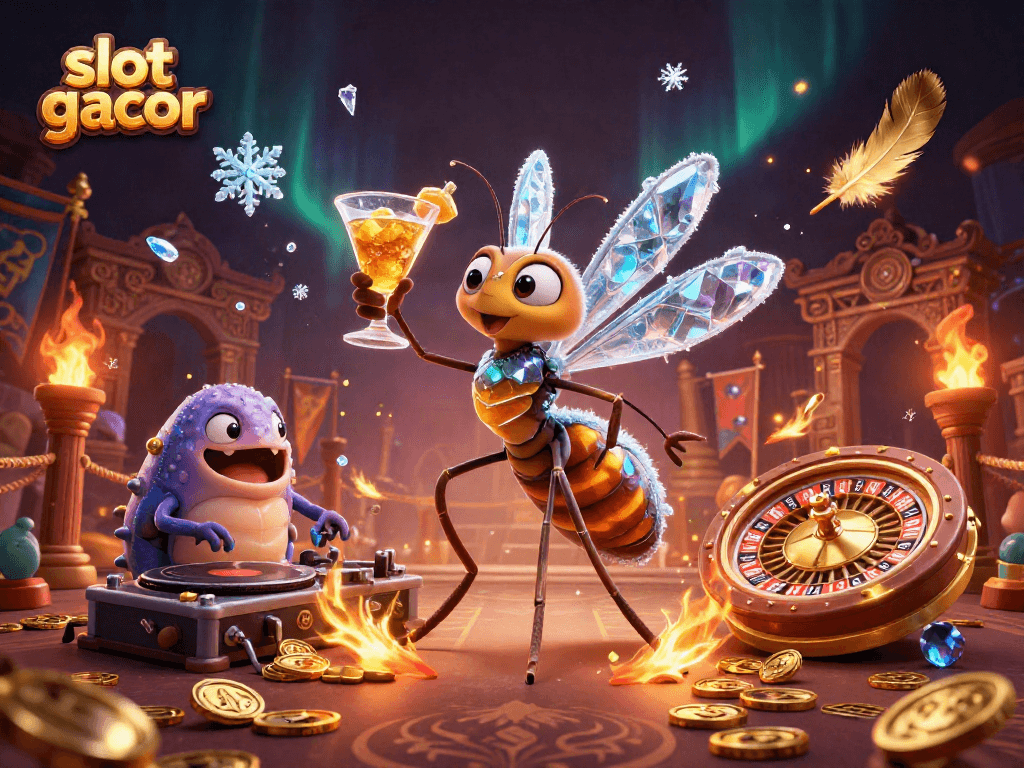 Slot gacor menampilkan karakter kartun kasino 3D dan elemen permainan yang memukau.