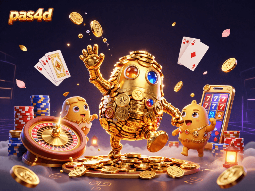 Aksi menarik di pas4d dengan golem uang emas dan elemen kasino lainnya yang berpadu dalam suasana gemerlap.