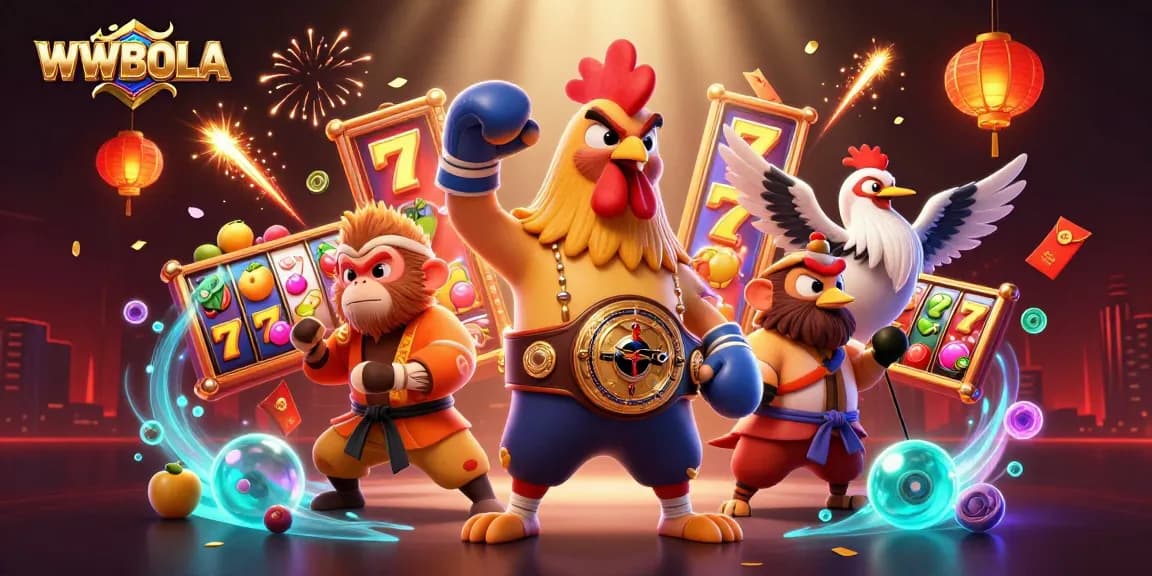 Menangkan permainan slot di WWBOLA dengan slot reel berputar dan simbol keberuntungan yang bersinar.
