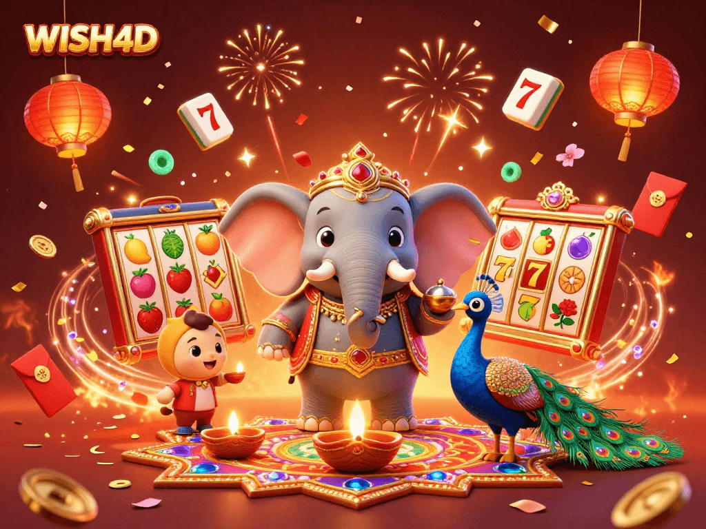 Experience the vibrant WISH4D casino world with a Diwali-themed elephant surrounded by dazzling slot reels.