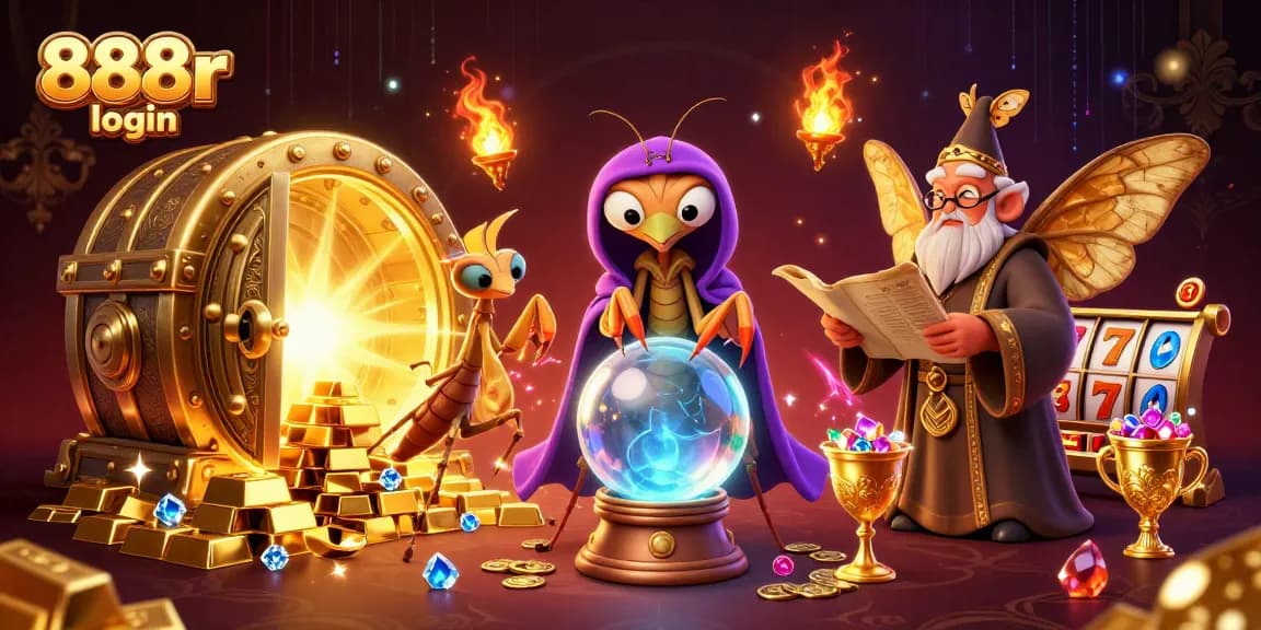 Experience the magic of 888r login with a vibrant 3D illustration showcasing fortune tellers and treasure.