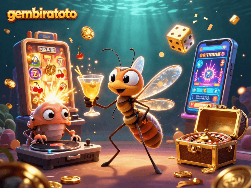 Gembiratoto merayakan jackpot besar dengan karakter menghibur dan mesin slot dalam ilustrasi 3D.