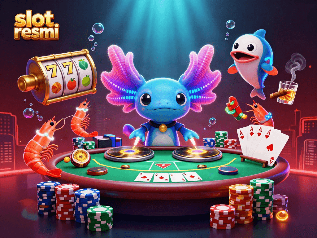 Permainan slot resmi dengan DJ axolotl dan karakter laut berwarna neon, menambahkan suasana meriah di kasino.