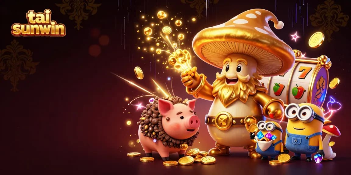Experience tai sunwin with exciting slot reels and vibrant golden treasures in this dynamic illustration.