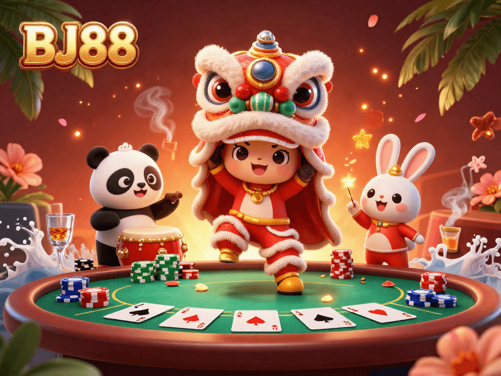 Engage in thrilling gameplay at BJ88 with a lively 3D illustration showcasing festive characters, poker elements, and vibrant casino themes.