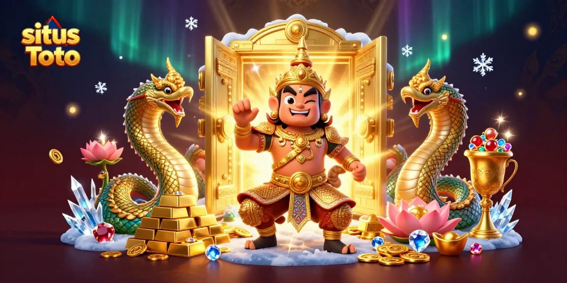 Spin and win at situs Toto with vibrant slot elements and golden treasures illustrated.