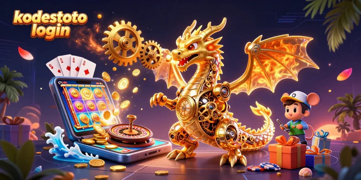 Engage with kodestoto login at a vibrant 3D casino scene featuring a golden dragon and gaming elements.