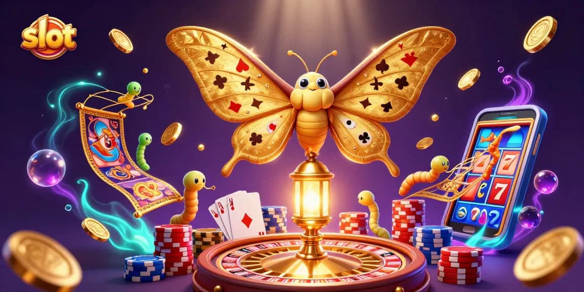 Slot modern dengan kupu-kupu emas dan elemen kasino berkilauan yang menarik.