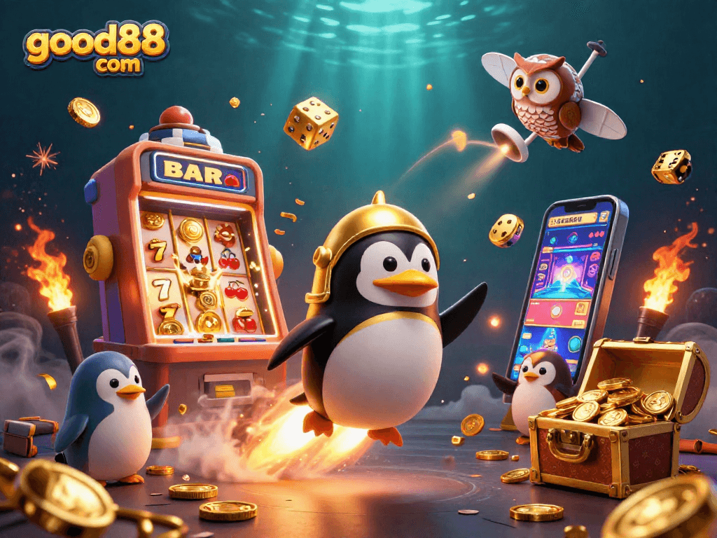 Experience thrilling games at good88 com with a vibrant, animated casino scene featuring a golden penguin and jackpot.
