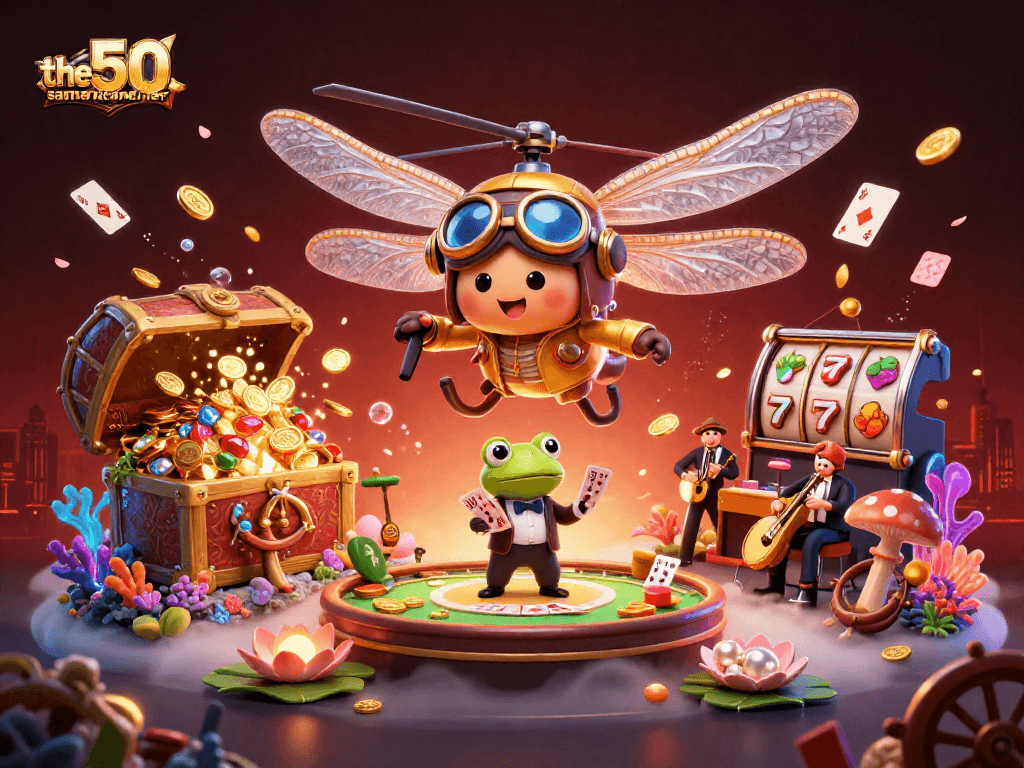 Experience thrilling wins at the50samericandiner illustrated by dynamic casino elements and characters.