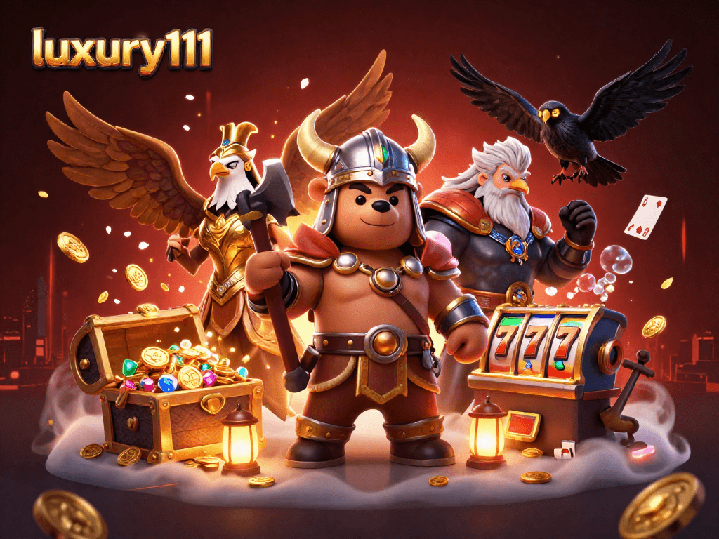 Experience luxury111 in a vibrant 3D casino scene with a Viking bear, Valkyrie eagle, and dynamic gaming elements.