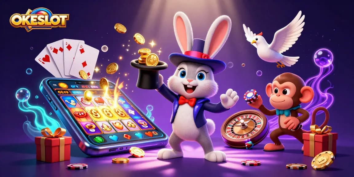 Mainkan slot menggiurkan di OKESLOT dengan ilustrasi kasino yang menarik dan berwarna-warni.