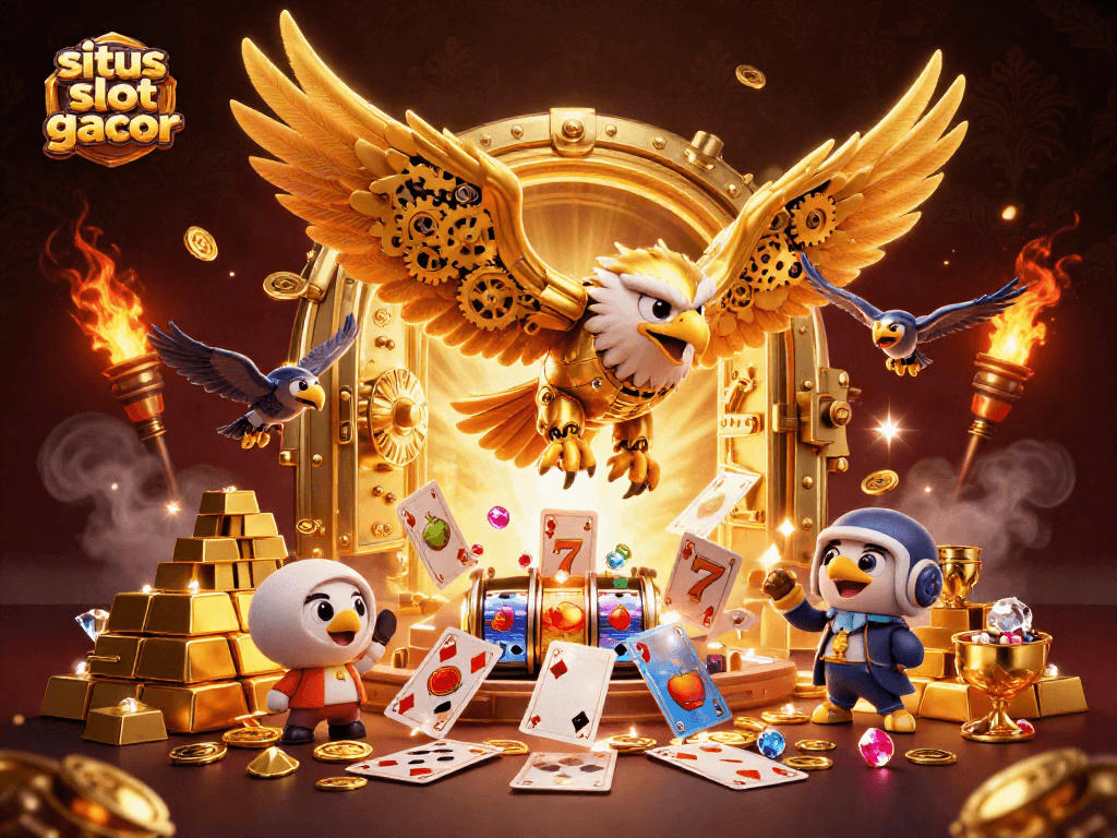 Situs slot gacor menawarkan pengalaman menarik dengan simbol slot dan elang emas cybernetic.