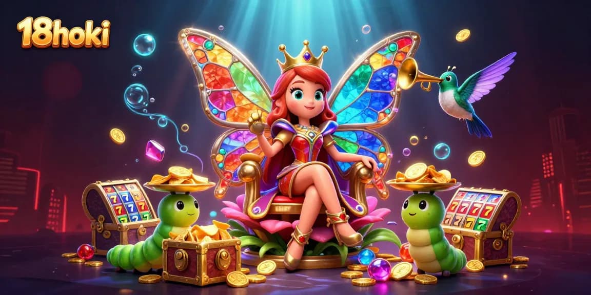 Experience excitement at 18hoki with a regal butterfly queen amidst an explosion of riches!