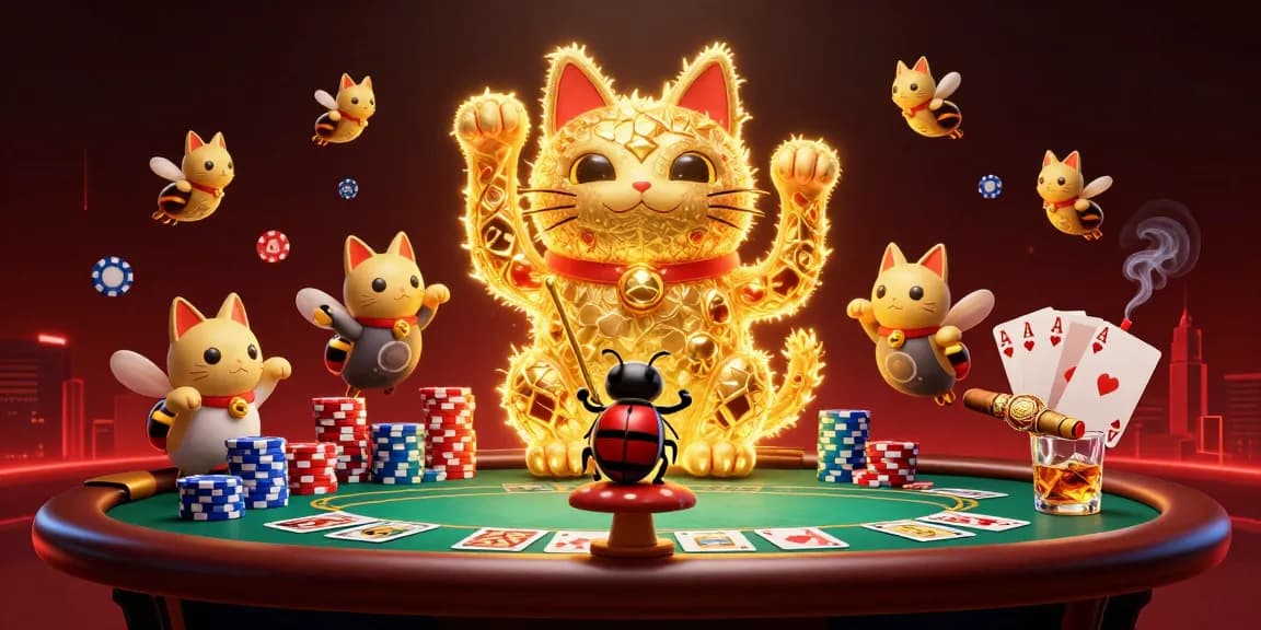 Engage with pulau69's vibrant 3D casino scene showcasing a lucky cat and poker elements.