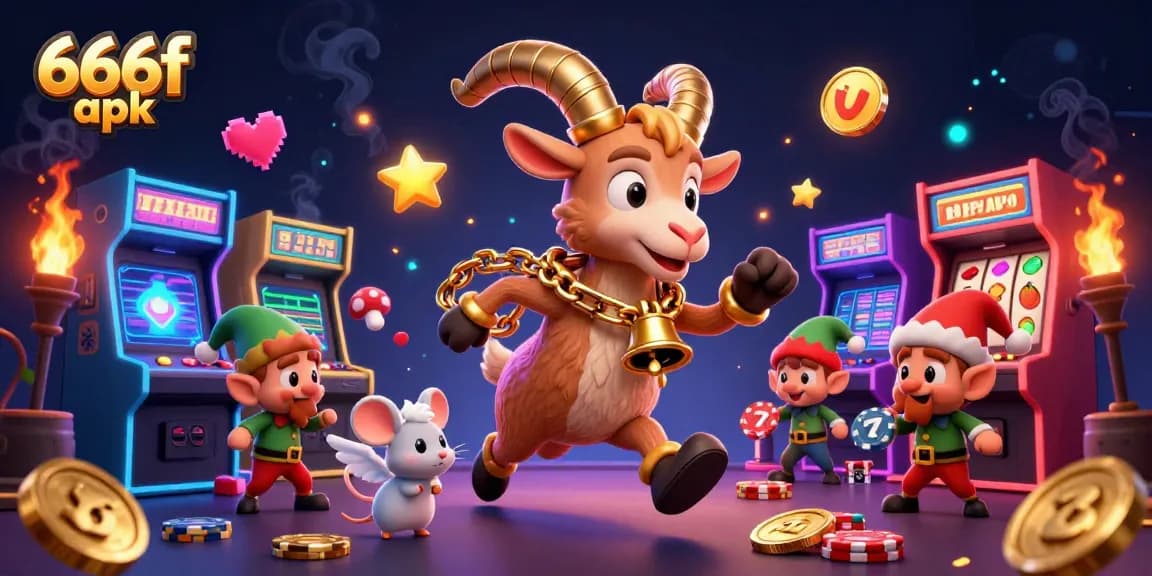 The 666f apk illustration shows a whimsical casino scene with Krampus, an angel mouse, and mischievous elf gremlins.