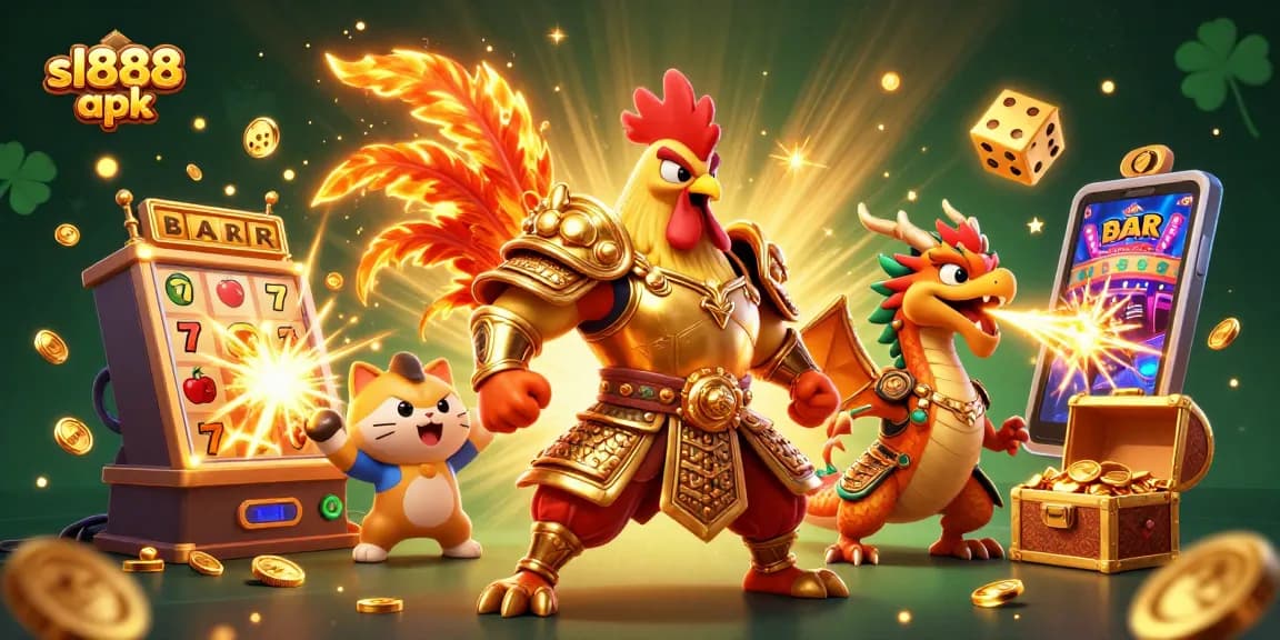 Experience thrilling gaming with sl888 apk in this vibrant 3D casino scene featuring epic characters and jackpots.