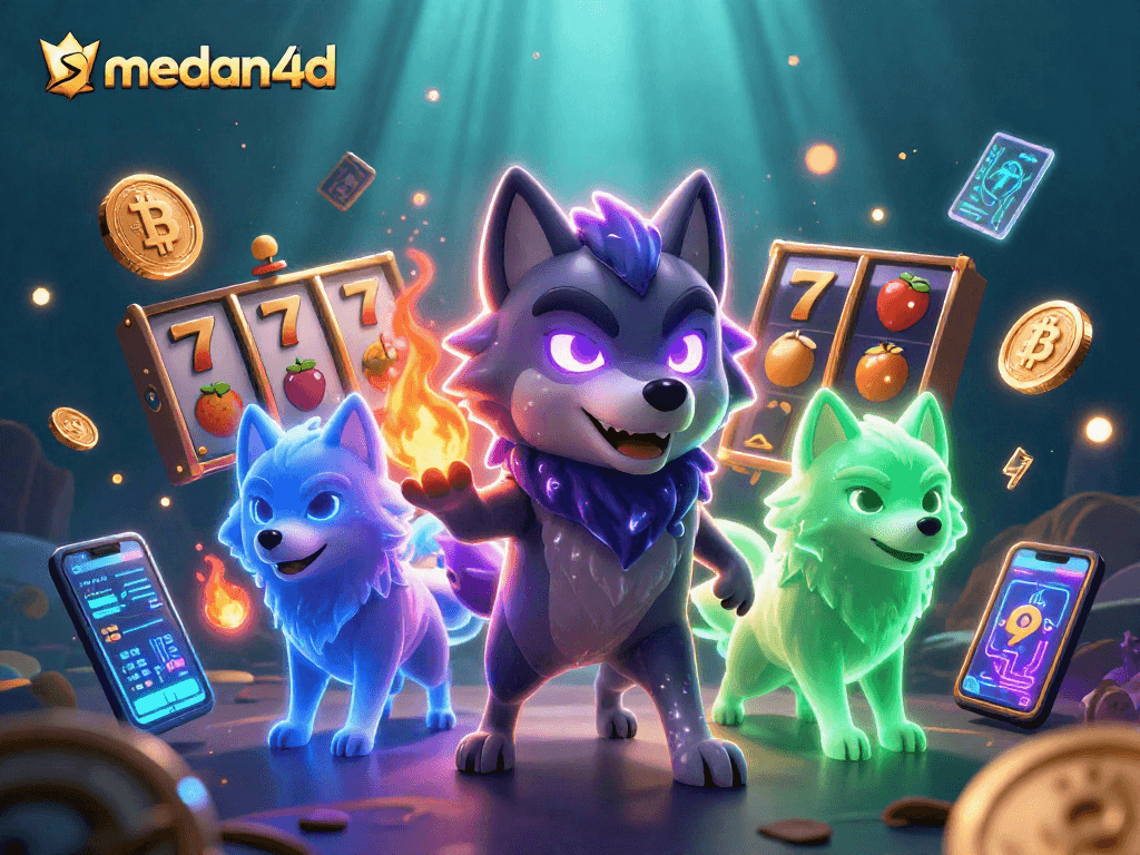 Permainan slot menarik dengan medan4d, menampilkan serigala dan simbol jackpot yang memikat.