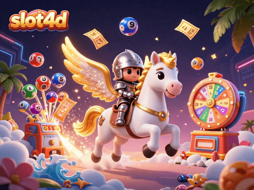 Melihat slot4d dengan gambaran kuda putih bersayap berlari di awan, penuh elemen judi warna-warni.