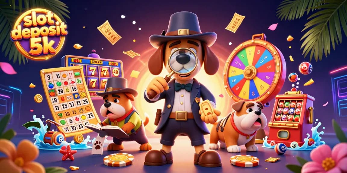 Win big with slot deposit 5k surrounded by vibrant slot reels and characters exploring a casino treasure.