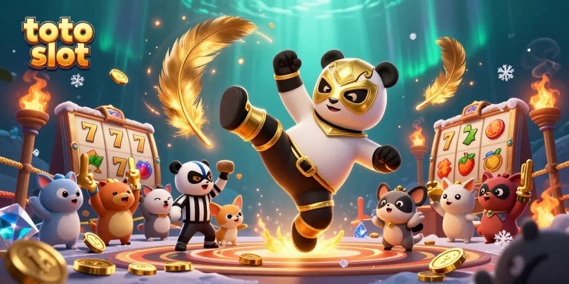 Toto slot menampilkan panda pegulat 3D beraksi dan penonton hewan dengan jari busa emas.