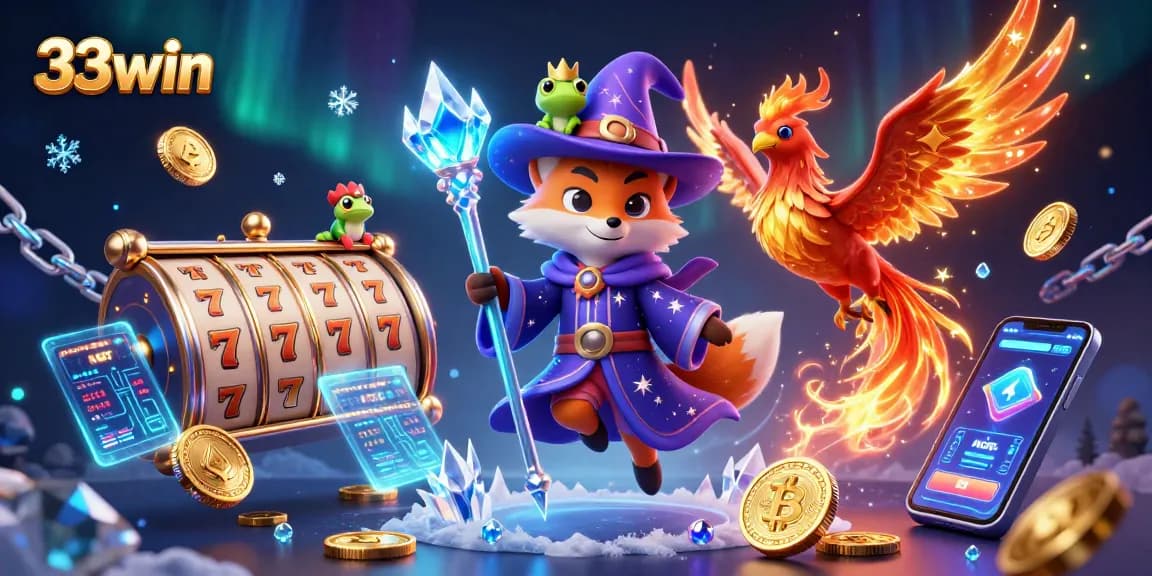 Experience thrilling gameplay at 33win with vibrant slot reels and heroic characters in a dynamic casino scene.