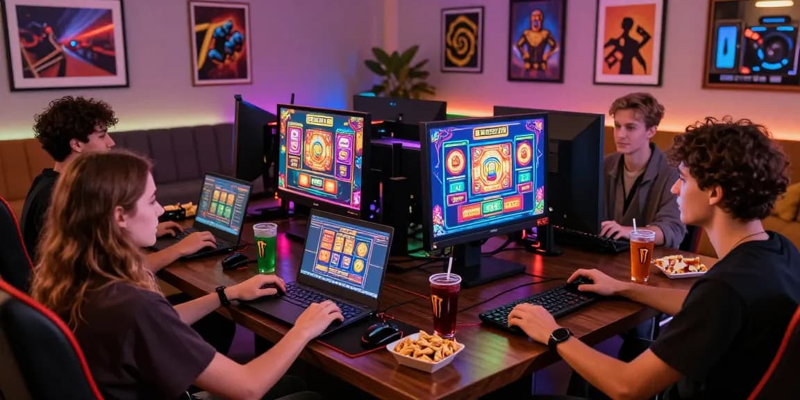 Exciting gaming atmosphere showcasing friends playing situs toto slots on modern setup with vibrant graphics and engaging snacks.
