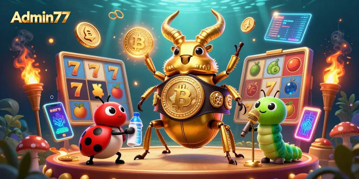Experience the thrill of Admin77 as the golden stag beetle champions slot wins with vibrant games and crypto elements.