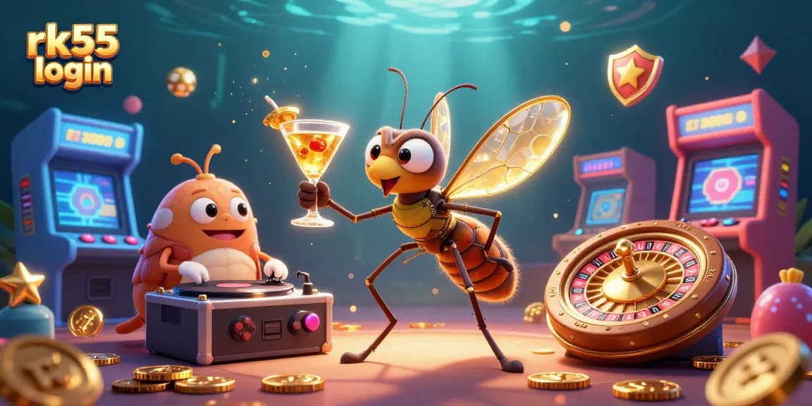 Engage with rk55 login in this vibrant 3D casino scene featuring unique characters and gaming elements.