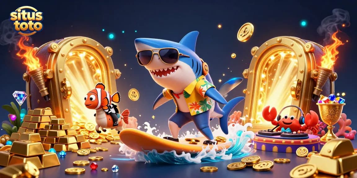 Gambar situs toto menampilkan hiu kartun 3D dan elemen kasino yang mencolok.