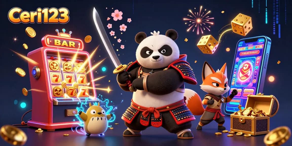 Ceri123 offers a vibrant casino experience featuring a samurai panda, ninja fox, and magical tanuki amidst slot machines and jackpots.